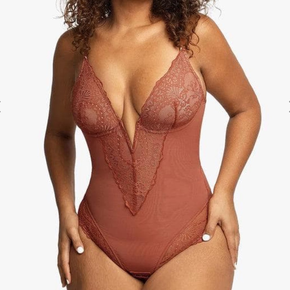 Shapewear Lace Deep V-Neck Sculpting Thong Bodysuit